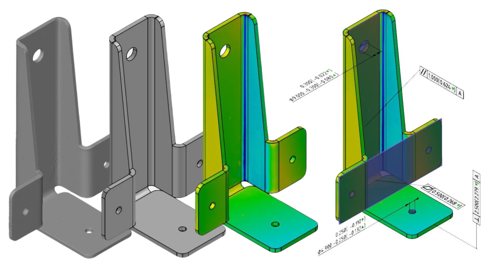 3D scan: nominal-actual comparison of bent sheet-metal parts as a false-colour map with dimensions