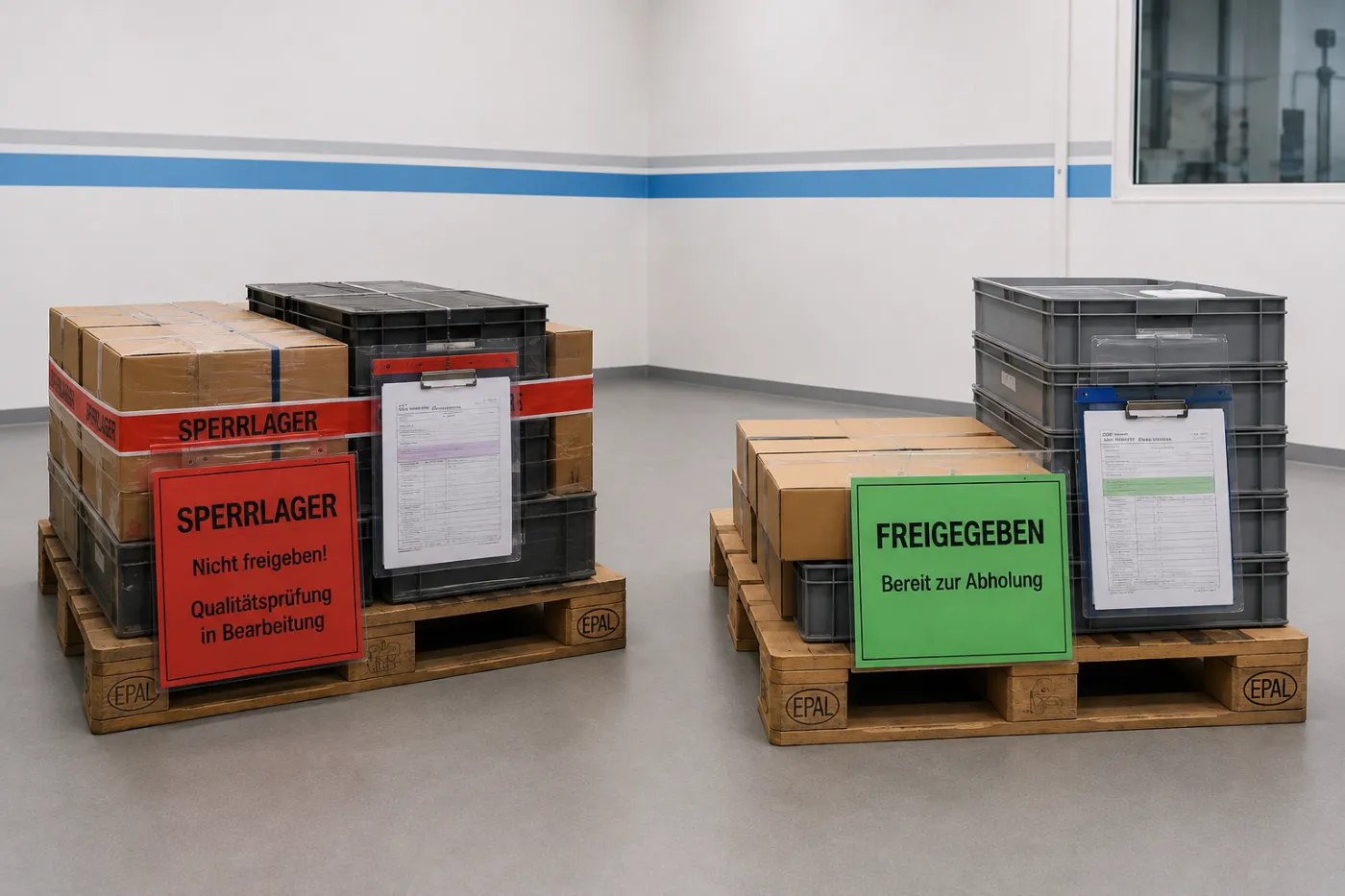 Palletised delivery lot in the quarantine store: blocked, quality inspection in progress