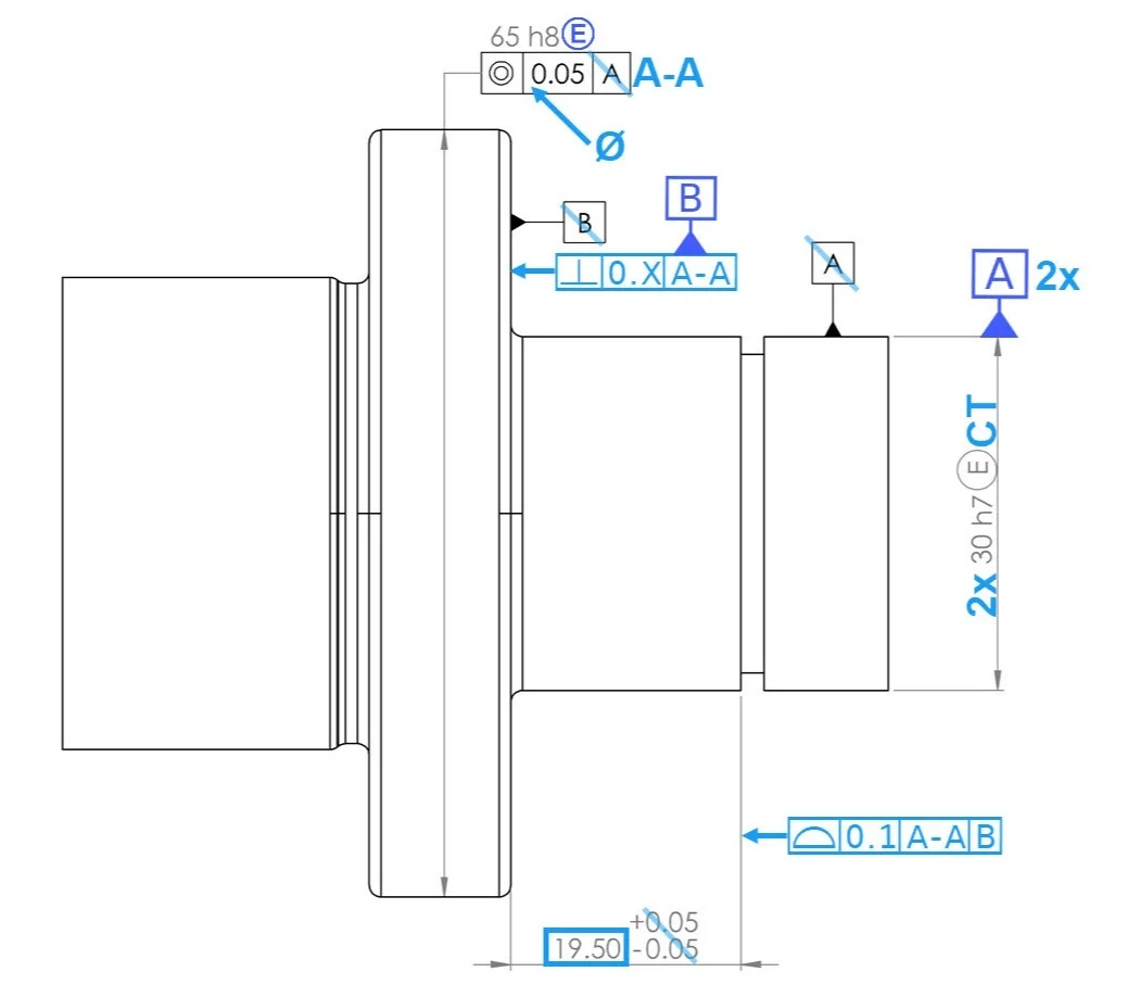 Technical drawing with ISO GPS corrections in blue: datums A and B, cylindricity across two steps (2x, CT), perpendicularity to the common datum A-A, coaxiality with envelope requirement