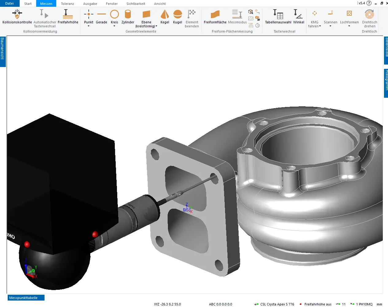 MCOSMOS: CAD-based CMM programming — stylus on a turbocharger housing with collision control
