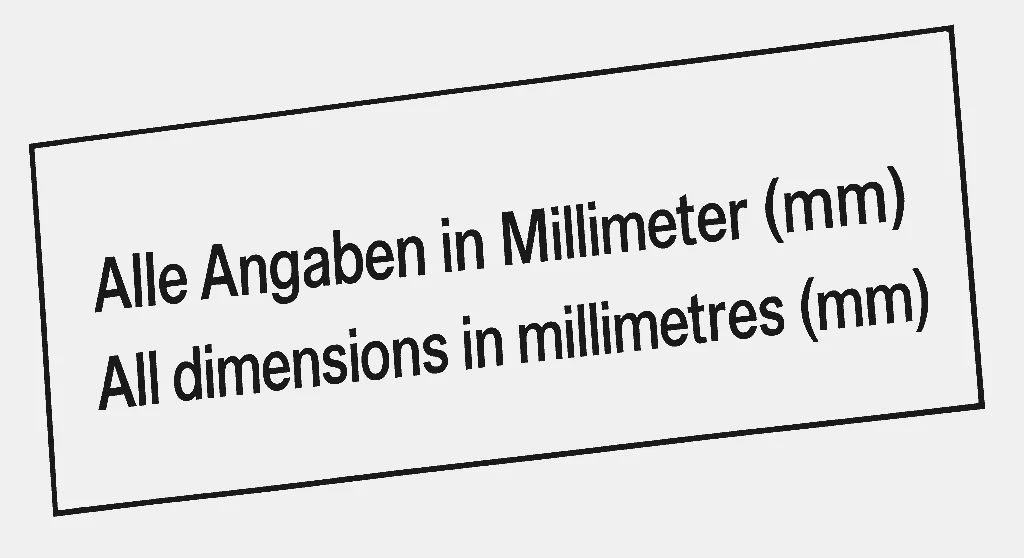 Stamp graphic with the drawing note: all dimensions in millimetres (mm)