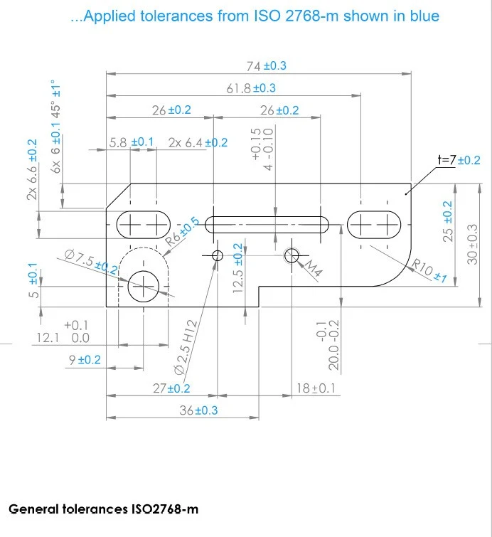 Drawing with dimensions marked in blue that were previously considered generally toleranced