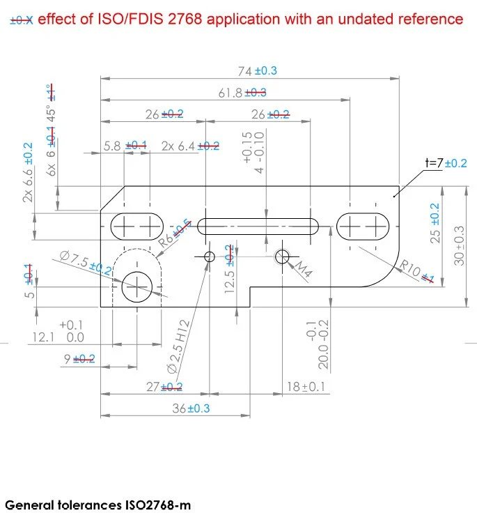 Drawing with tolerances struck through in red: no longer covered by ISO 2768-m under an undated reference