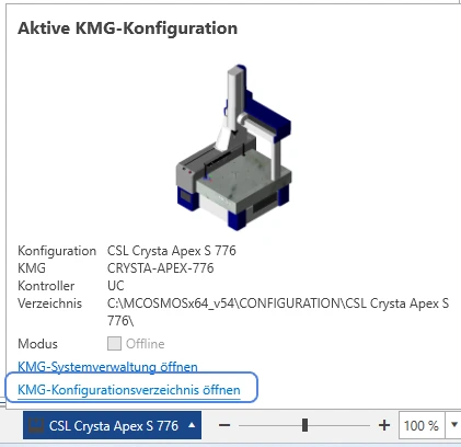 MCOSMOS window showing the active CMM configuration with the highlighted entry to open the CMM configuration directory