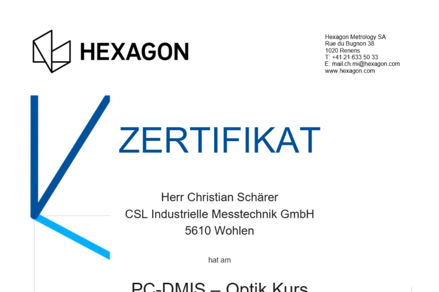 Zertifikat PC-DMIS-Optik-Kurs