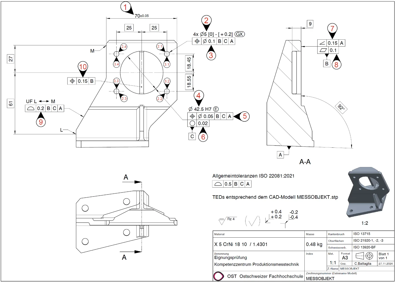 Technical drawing of the measurement object with the ten numbered characteristics